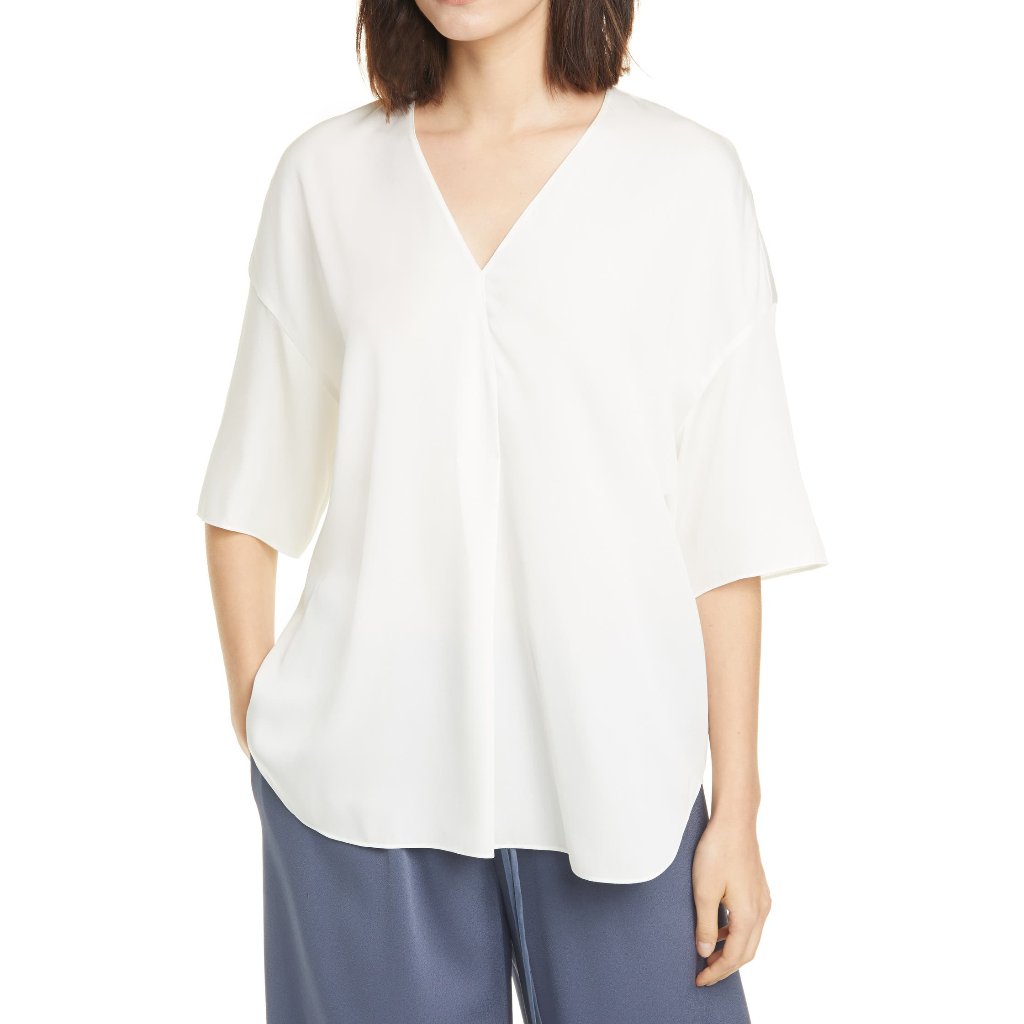 Nwt Vince Silk V-Neck Popover Elbow Sleeve Blouse Work To Weekend Top